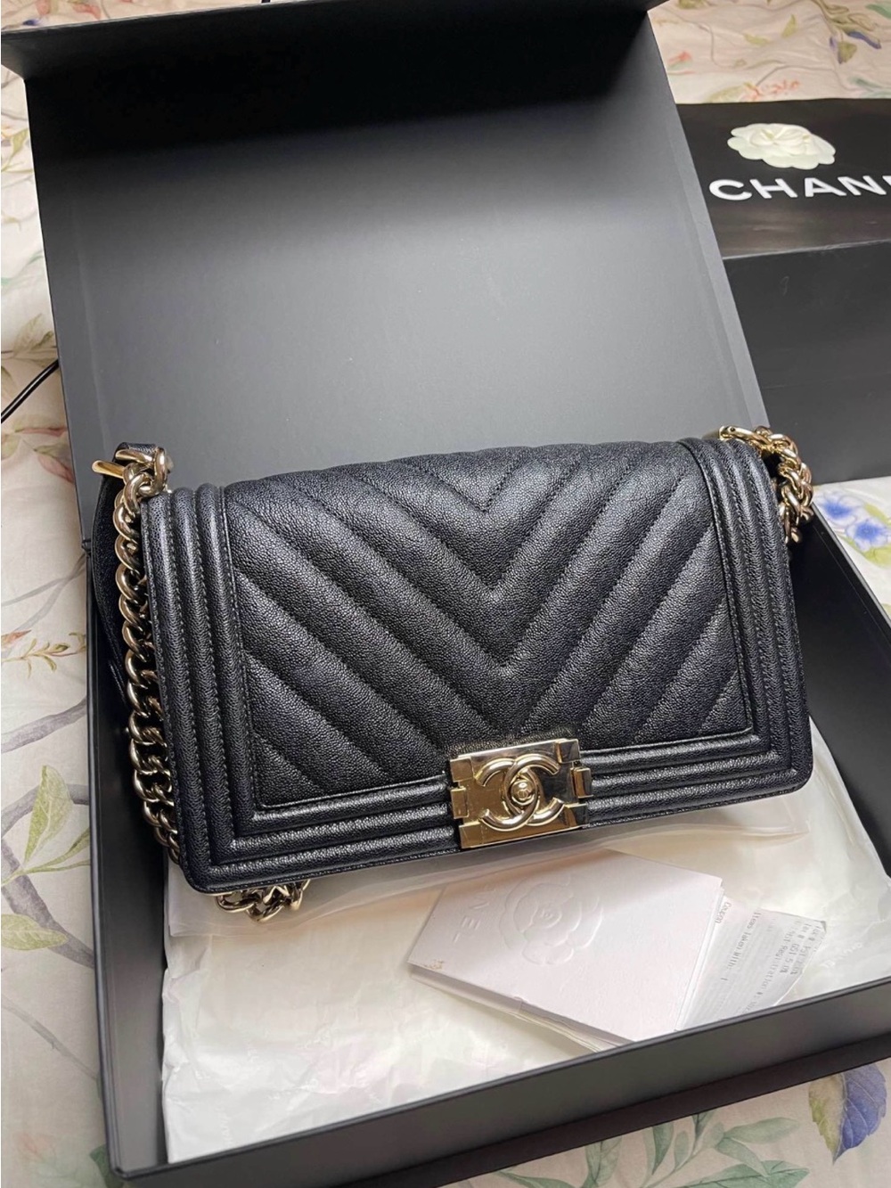 Authentic CHANEL Black Chevron Quilted Caviar with Gold Hardware Old Medium Bag